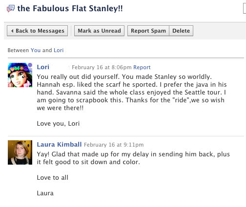 the Fabulous Flat Stanley!! Facebook message