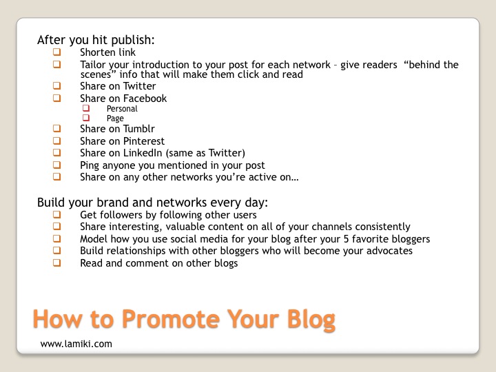 How to Promote You Blog checklist from Laura Kimball (lamiki) talk at WordCamp Seattle