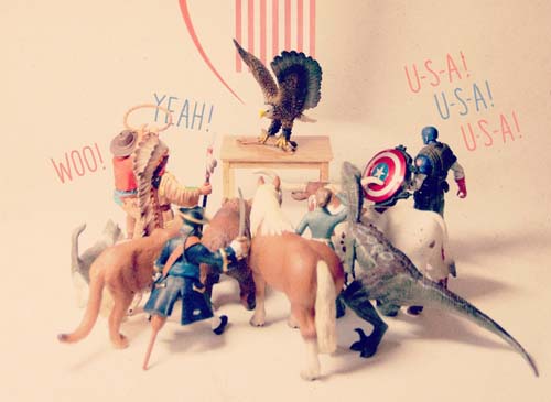 The patriotic eagle giving a speech to the other toys in this photo from Toy Confidential.
