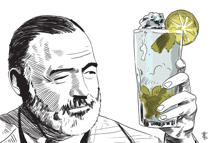 Illustration of Ernest Hemingway and his favorite drink, the mojito